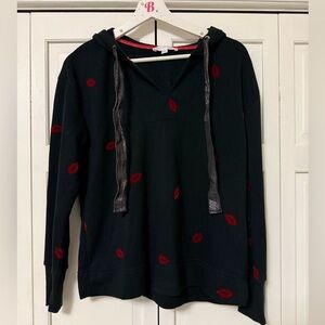 Jane & Delancey Black Pullover Hoodie with Red Lip Print Small Loungewear Cozy